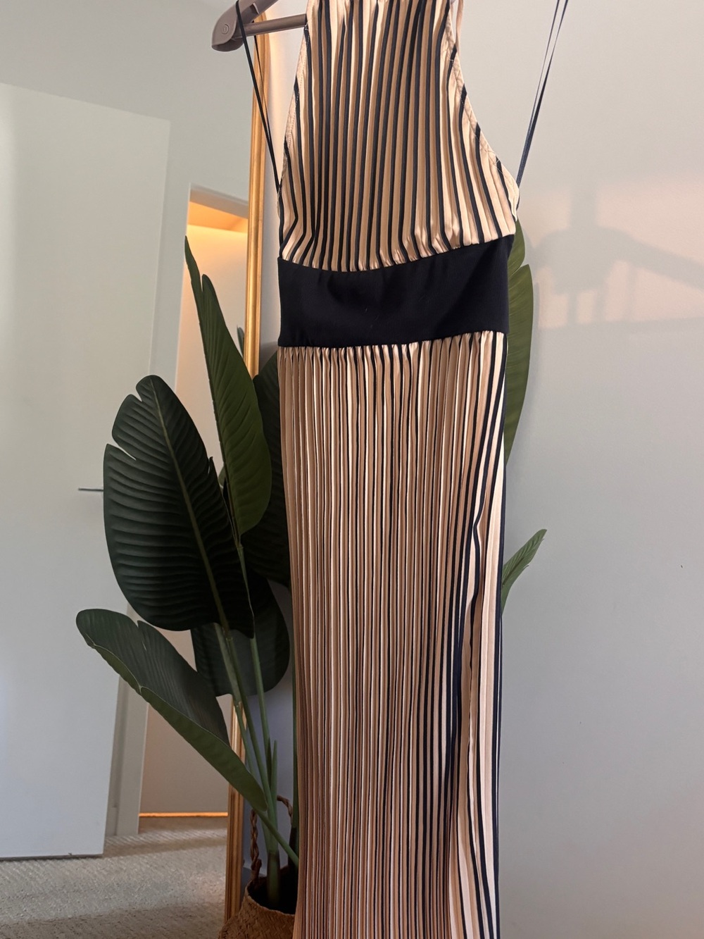 Zara Vertical Stripe Maxi Dress in Beige and navy